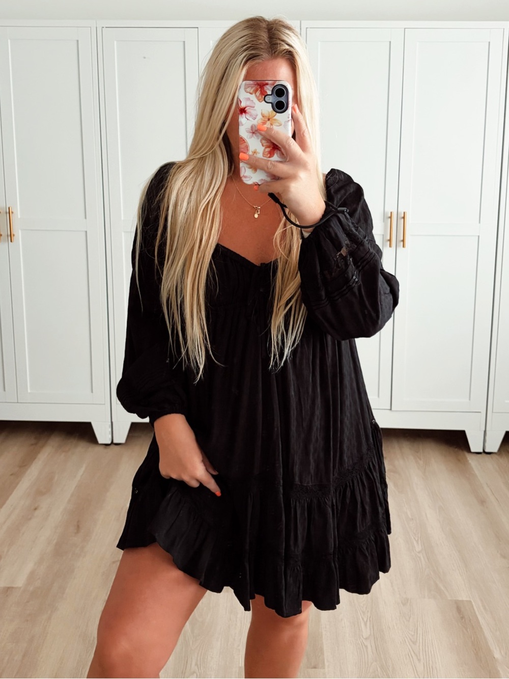 Black boho lace long sleeve mini dress